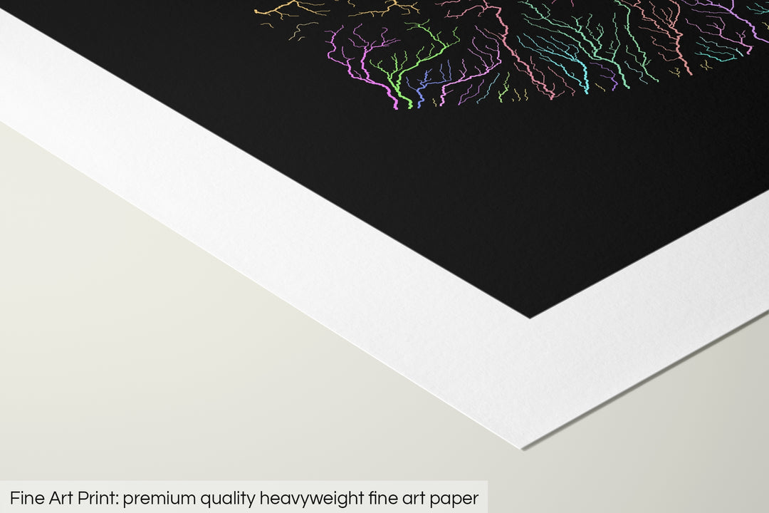 Closeup of a fine art print's corner lying on a flat surface, the details of a Grasshopper Geography map is visible. The text at the bottom reads: Fine art print - premium quality heavyweight fine art paper.
