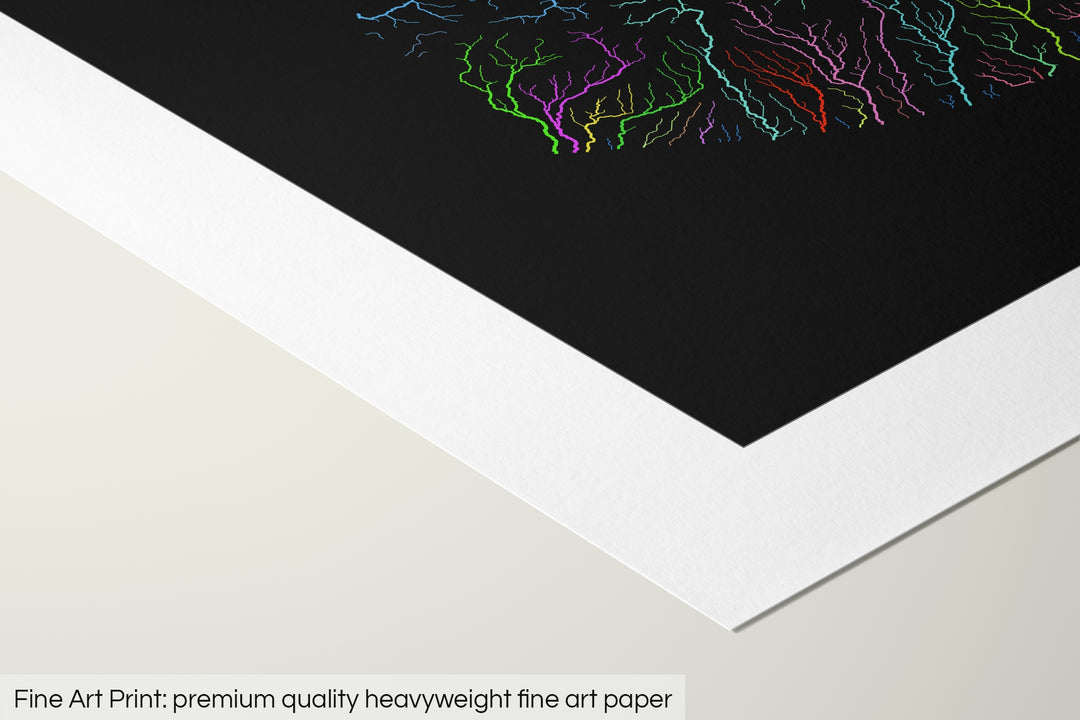 Closeup of a fine art print's corner lying on a flat surface, the details of a Grasshopper Geography map is visible. The text at the bottom reads: Fine art print - premium quality heavyweight fine art paper.