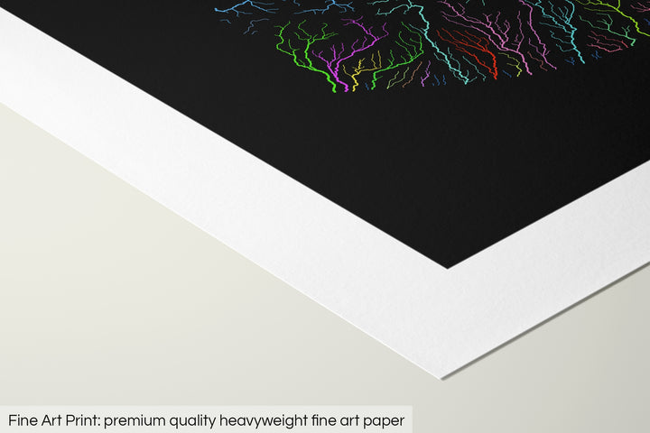 Closeup of a fine art print's corner lying on a flat surface, the details of a Grasshopper Geography map is visible. The text at the bottom reads: Fine art print - premium quality heavyweight fine art paper.