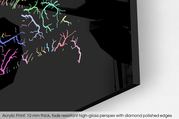 Closeup of an acrylic panel's corner, the details of a Grasshopper Geography map is visible. The text at the bottom reads: Acrylic print - 10 mm thick, fade reistant high-gloss perspex with diamond polished edges.