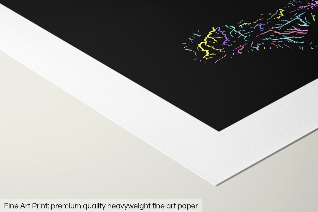 Closeup of a fine art print's corner lying on a flat surface, the details of a Grasshopper Geography map is visible. The text at the bottom reads: Fine art print - premium quality heavyweight fine art paper.