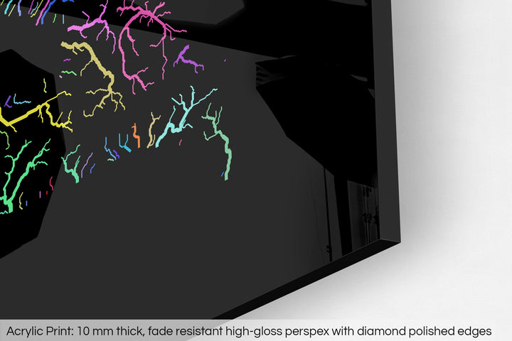 Closeup of an acrylic panel's corner, the details of a Grasshopper Geography map is visible. The text at the bottom reads: Acrylic print - 10 mm thick, fade reistant high-gloss perspex with diamond polished edges.
