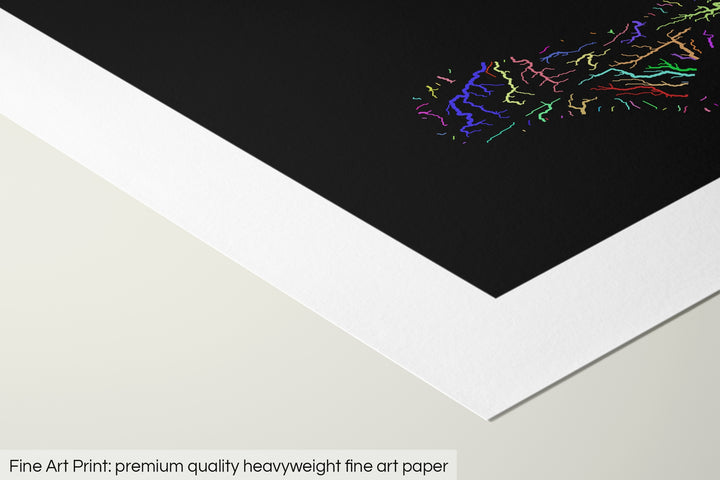 Closeup of a fine art print's corner lying on a flat surface, the details of a Grasshopper Geography map is visible. The text at the bottom reads: Fine art print - premium quality heavyweight fine art paper.