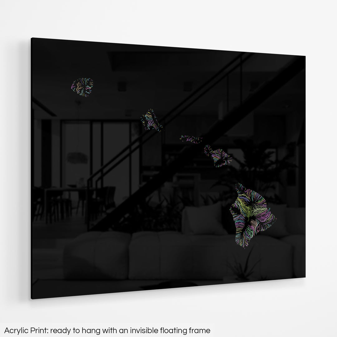 A colourful Grasshopper Geography map hanging on a white wall. The text at the bottom reads: Acrylic print - ready to hang with an invisible floating frame.