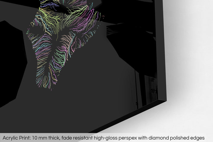 Closeup of an acrylic panel's corner, the details of a Grasshopper Geography map is visible. The text at the bottom reads: Acrylic print - 10 mm thick, fade reistant high-gloss perspex with diamond polished edges.