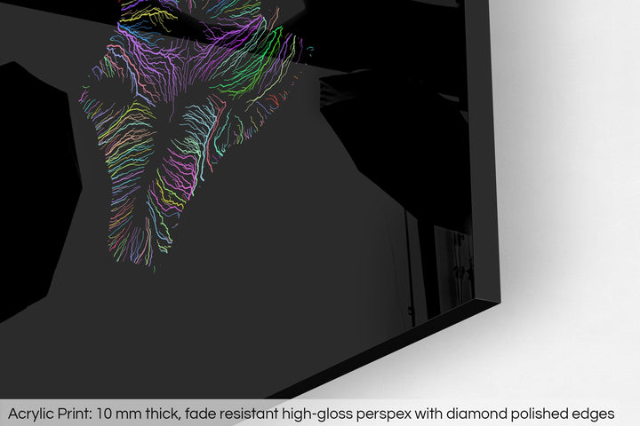 Closeup of an acrylic panel's corner, the details of a Grasshopper Geography map is visible. The text at the bottom reads: Acrylic print - 10 mm thick, fade reistant high-gloss perspex with diamond polished edges.