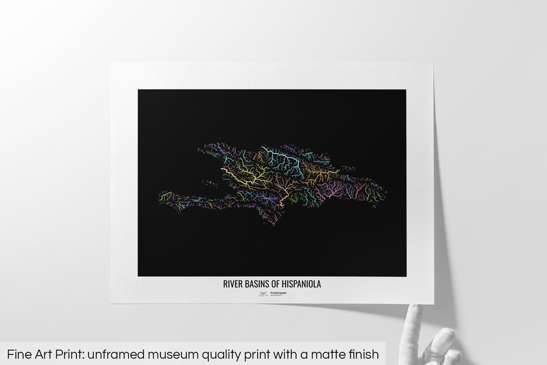Unframed fine art print of a colourful map with a thick white mat. The title of the map and the Grasshopper Geography logo is printed on the mat, below the image. The map print lies flat on a white surface, a hand holding up one of the corners. The bottom text reads: Fine art print - unframed museum quality print with a matte finish.