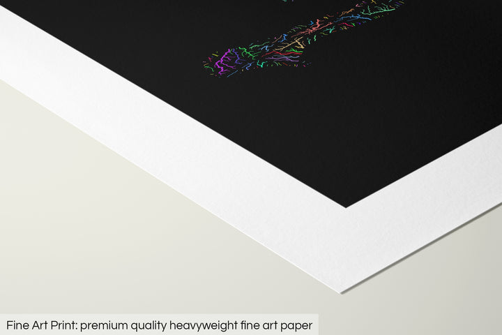 Closeup of a fine art print's corner lying on a flat surface, the details of a Grasshopper Geography map is visible. The text at the bottom reads: Fine art print - premium quality heavyweight fine art paper.