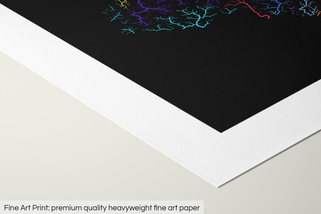 Closeup of a fine art print's corner lying on a flat surface, the details of a Grasshopper Geography map is visible. The text at the bottom reads: Fine art print - premium quality heavyweight fine art paper.