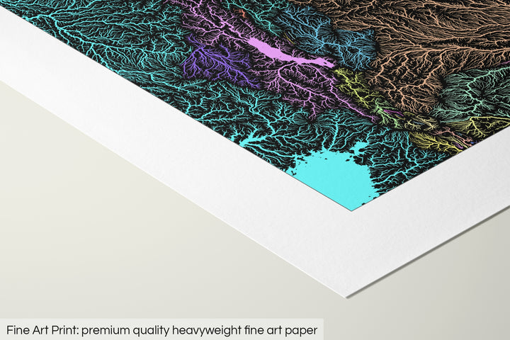 Closeup of a fine art print's corner lying on a flat surface, the details of a Grasshopper Geography map is visible. The text at the bottom reads: Fine art print - premium quality heavyweight fine art paper.