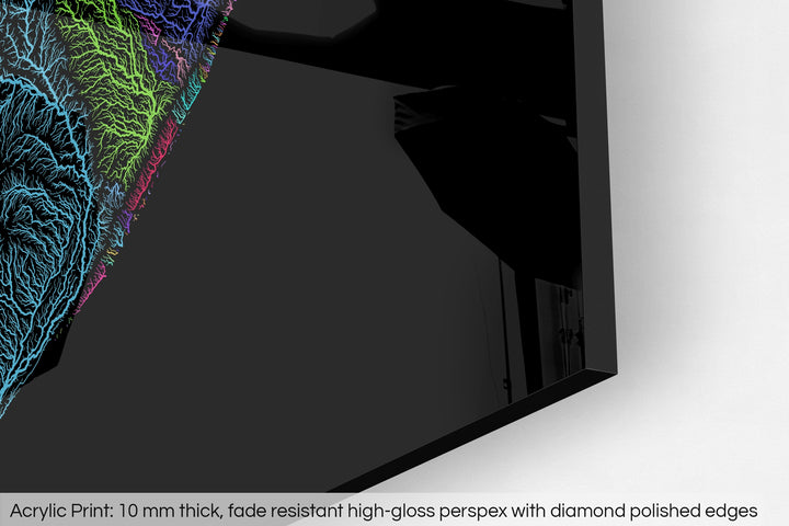 Closeup of an acrylic panel's corner, the details of a Grasshopper Geography map is visible. The text at the bottom reads: Acrylic print - 10 mm thick, fade reistant high-gloss perspex with diamond polished edges.