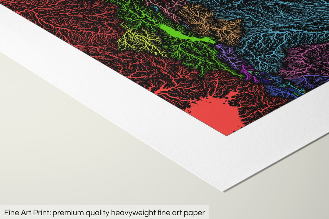 Closeup of a fine art print's corner lying on a flat surface, the details of a Grasshopper Geography map is visible. The text at the bottom reads: Fine art print - premium quality heavyweight fine art paper.