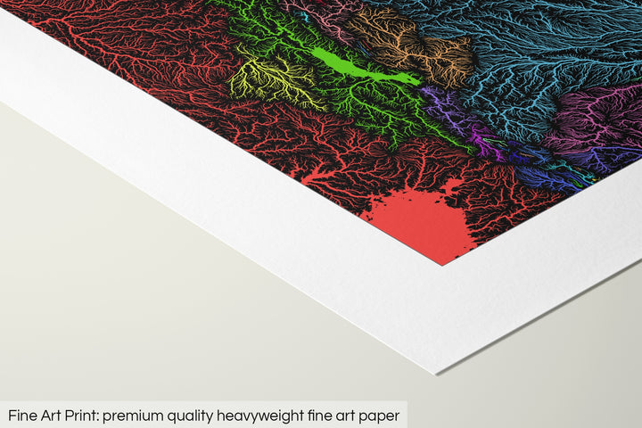 Closeup of a fine art print's corner lying on a flat surface, the details of a Grasshopper Geography map is visible. The text at the bottom reads: Fine art print - premium quality heavyweight fine art paper.