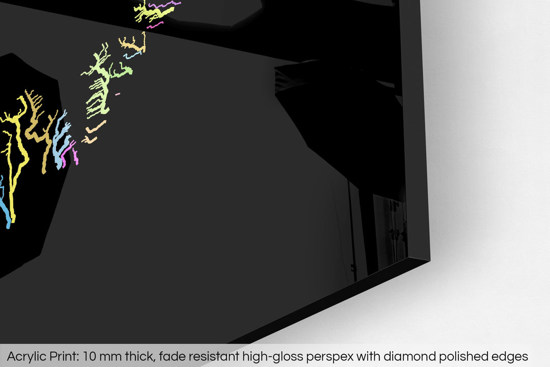 Closeup of an acrylic panel's corner, the details of a Grasshopper Geography map is visible. The text at the bottom reads: Acrylic print - 10 mm thick, fade reistant high-gloss perspex with diamond polished edges.