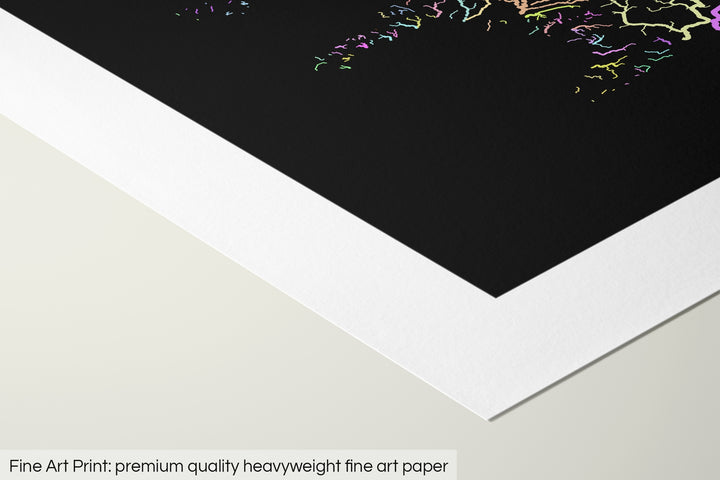 Closeup of a fine art print's corner lying on a flat surface, the details of a Grasshopper Geography map is visible. The text at the bottom reads: Fine art print - premium quality heavyweight fine art paper.