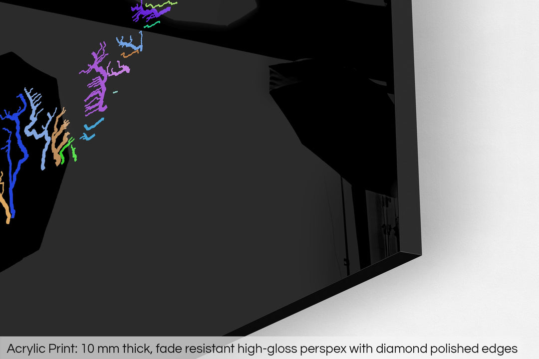 Closeup of an acrylic panel's corner, the details of a Grasshopper Geography map is visible. The text at the bottom reads: Acrylic print - 10 mm thick, fade reistant high-gloss perspex with diamond polished edges.