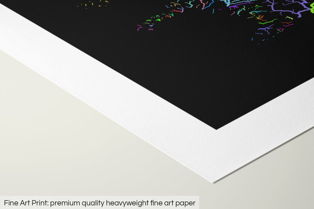 Closeup of a fine art print's corner lying on a flat surface, the details of a Grasshopper Geography map is visible. The text at the bottom reads: Fine art print - premium quality heavyweight fine art paper.