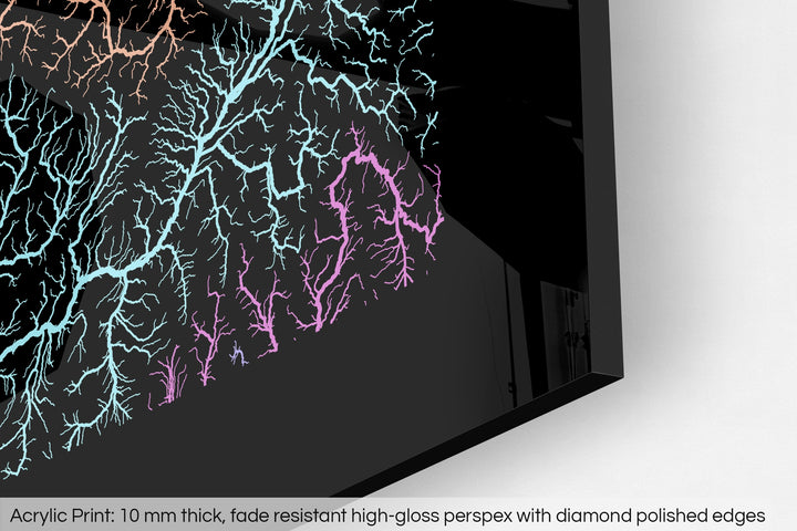 Closeup of an acrylic panel's corner, the details of a Grasshopper Geography map is visible. The text at the bottom reads: Acrylic print - 10 mm thick, fade reistant high-gloss perspex with diamond polished edges.