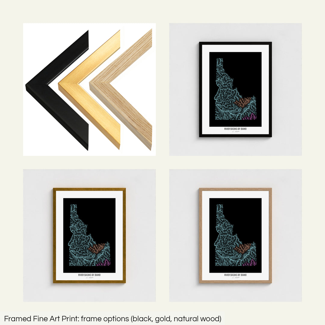 The image shows the different frames available at Grasshopper Geography's map shop: black, golden and natural wood. The image is a collection of four smaller pictures: the first one shows the wooden frames up close, the other three are mockups of the printed map in each frame.