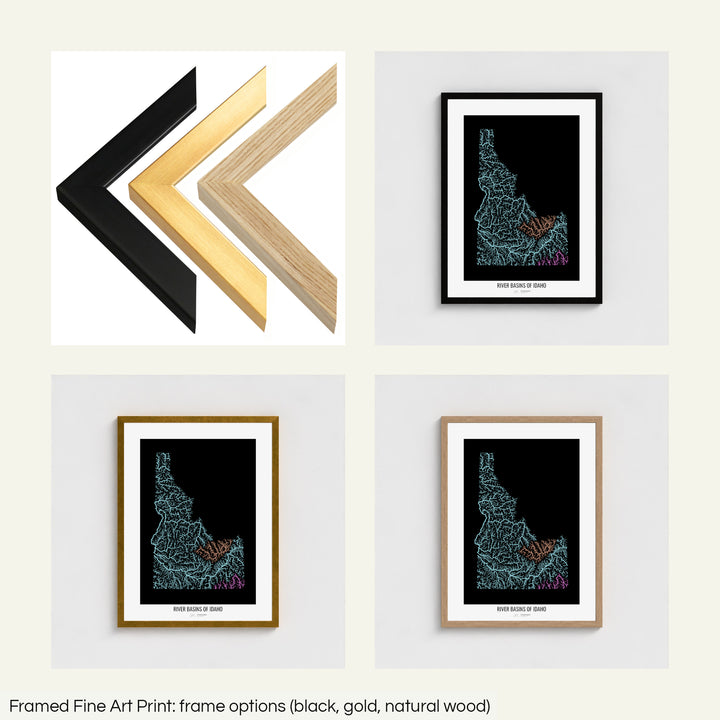 The image shows the different frames available at Grasshopper Geography's map shop: black, golden and natural wood. The image is a collection of four smaller pictures: the first one shows the wooden frames up close, the other three are mockups of the printed map in each frame.