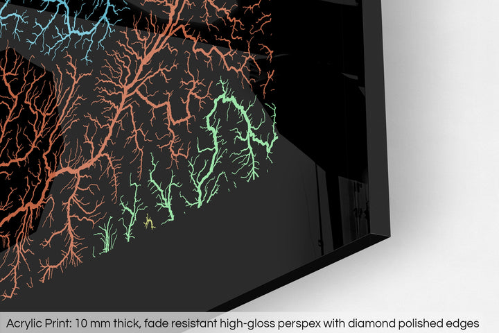 Closeup of an acrylic panel's corner, the details of a Grasshopper Geography map is visible. The text at the bottom reads: Acrylic print - 10 mm thick, fade reistant high-gloss perspex with diamond polished edges.