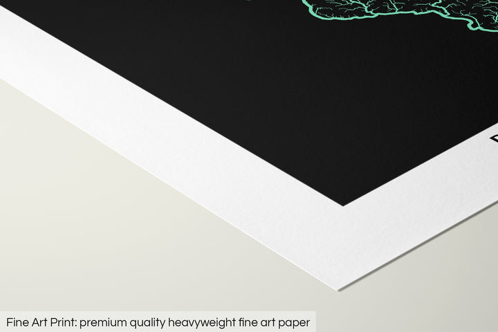 Closeup of a fine art print's corner lying on a flat surface, the details of a Grasshopper Geography map is visible. The text at the bottom reads: Fine art print - premium quality heavyweight fine art paper.
