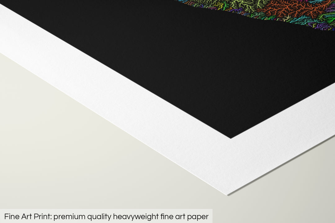 Closeup of a fine art print's corner lying on a flat surface, the details of a Grasshopper Geography map is visible. The text at the bottom reads: Fine art print - premium quality heavyweight fine art paper.
