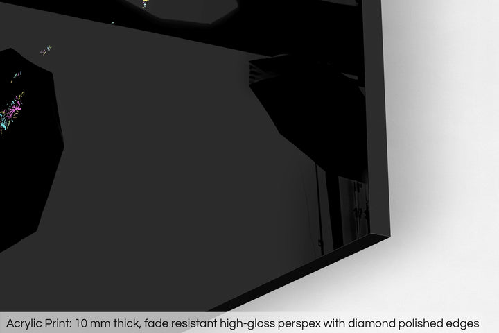 Closeup of an acrylic panel's corner, the details of a Grasshopper Geography map is visible. The text at the bottom reads: Acrylic print - 10 mm thick, fade reistant high-gloss perspex with diamond polished edges.