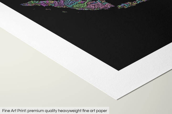 Closeup of a fine art print's corner lying on a flat surface, the details of a Grasshopper Geography map is visible. The text at the bottom reads: Fine art print - premium quality heavyweight fine art paper.