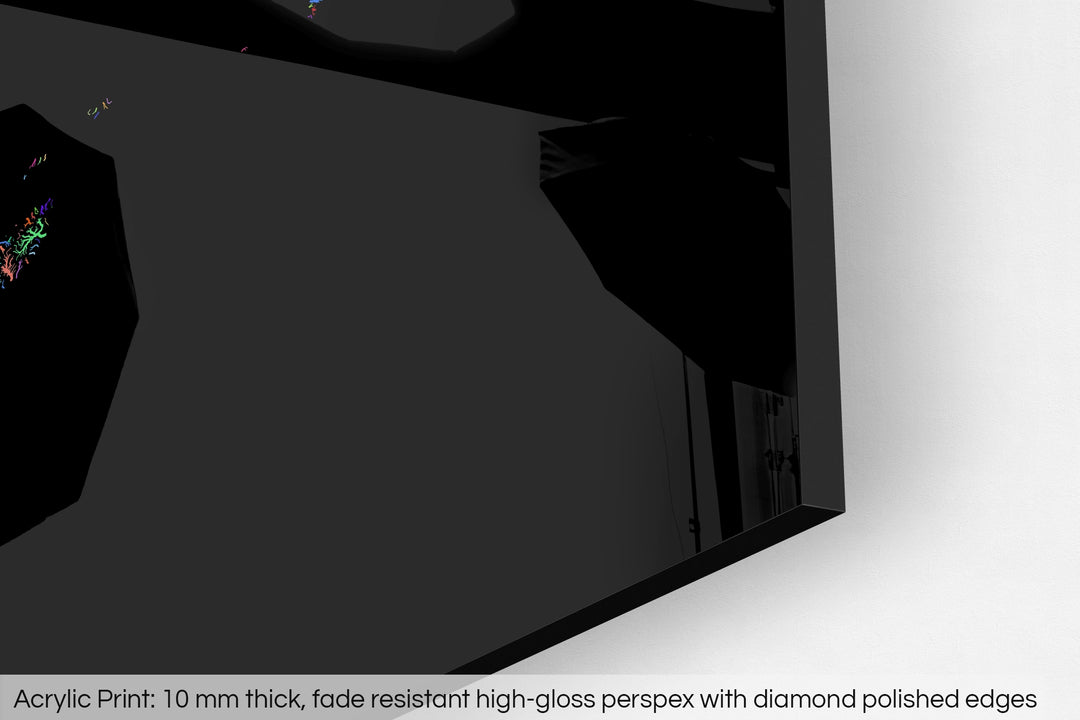 Closeup of an acrylic panel's corner, the details of a Grasshopper Geography map is visible. The text at the bottom reads: Acrylic print - 10 mm thick, fade reistant high-gloss perspex with diamond polished edges.
