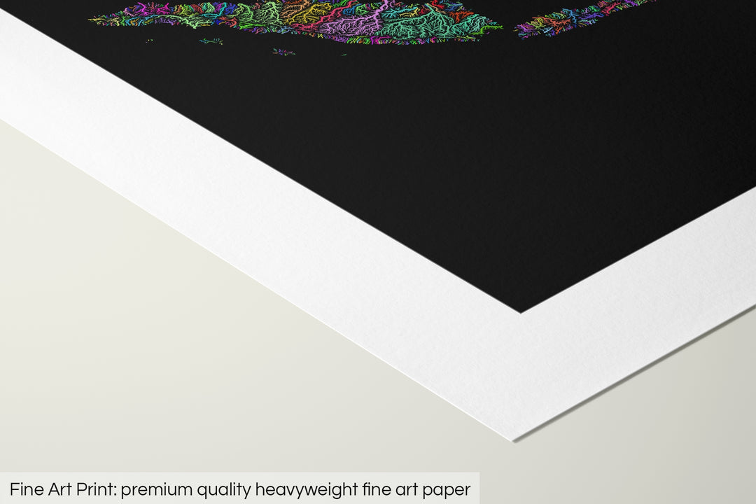 Closeup of a fine art print's corner lying on a flat surface, the details of a Grasshopper Geography map is visible. The text at the bottom reads: Fine art print - premium quality heavyweight fine art paper.
