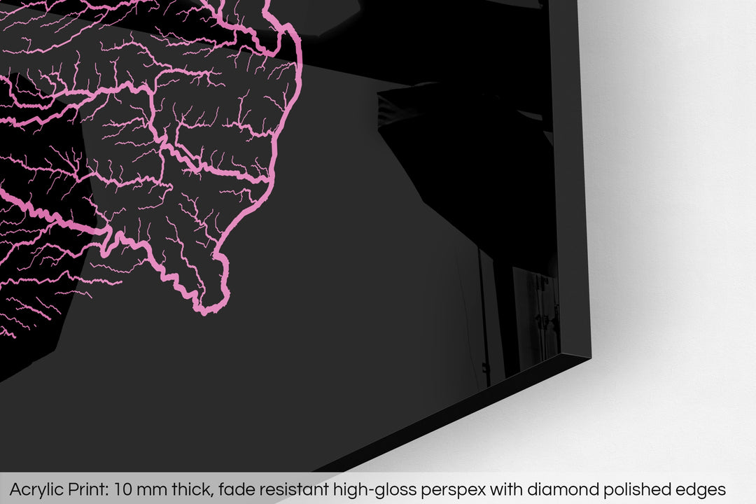 Closeup of an acrylic panel's corner, the details of a Grasshopper Geography map is visible. The text at the bottom reads: Acrylic print - 10 mm thick, fade reistant high-gloss perspex with diamond polished edges.