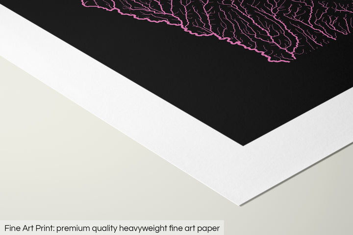 Closeup of a fine art print's corner lying on a flat surface, the details of a Grasshopper Geography map is visible. The text at the bottom reads: Fine art print - premium quality heavyweight fine art paper.