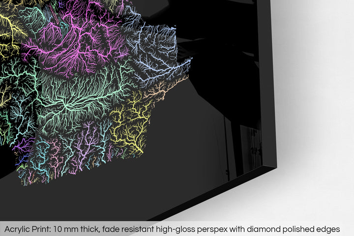 Closeup of an acrylic panel's corner, the details of a Grasshopper Geography map is visible. The text at the bottom reads: Acrylic print - 10 mm thick, fade reistant high-gloss perspex with diamond polished edges.