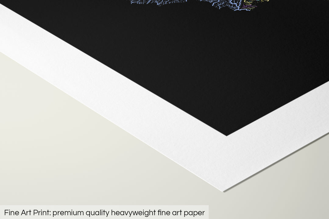 Closeup of a fine art print's corner lying on a flat surface, the details of a Grasshopper Geography map is visible. The text at the bottom reads: Fine art print - premium quality heavyweight fine art paper.