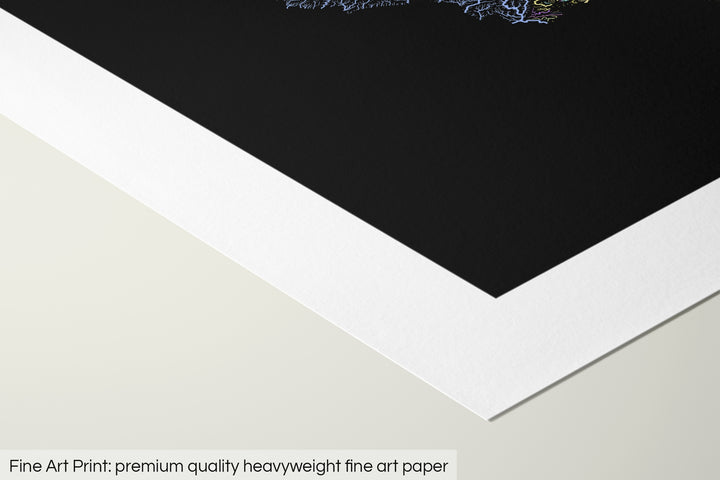 Closeup of a fine art print's corner lying on a flat surface, the details of a Grasshopper Geography map is visible. The text at the bottom reads: Fine art print - premium quality heavyweight fine art paper.