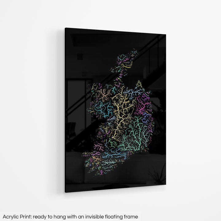 A colourful Grasshopper Geography map hanging on a white wall. The text at the bottom reads: Acrylic print - ready to hang with an invisible floating frame.