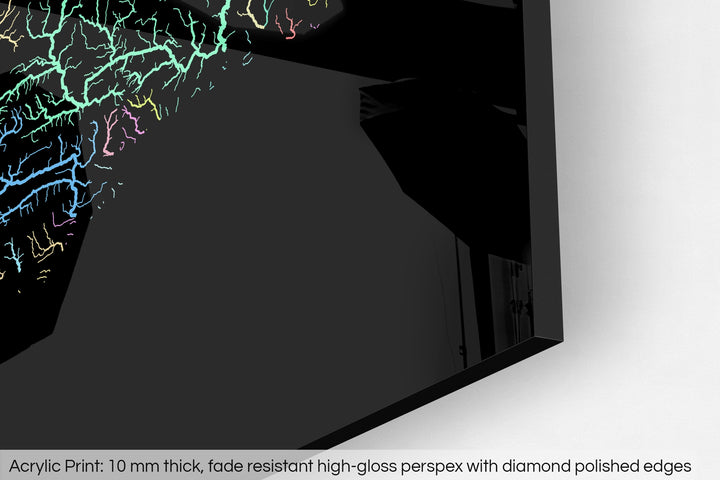 Closeup of an acrylic panel's corner, the details of a Grasshopper Geography map is visible. The text at the bottom reads: Acrylic print - 10 mm thick, fade reistant high-gloss perspex with diamond polished edges.