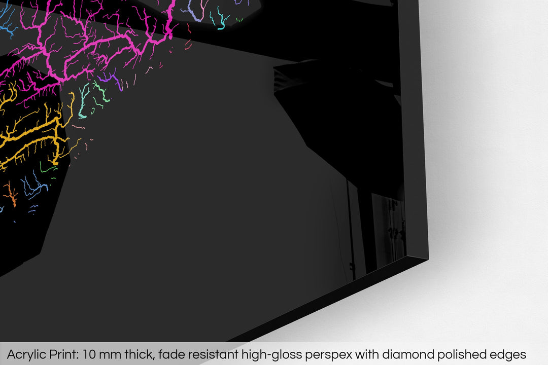 Closeup of an acrylic panel's corner, the details of a Grasshopper Geography map is visible. The text at the bottom reads: Acrylic print - 10 mm thick, fade reistant high-gloss perspex with diamond polished edges.