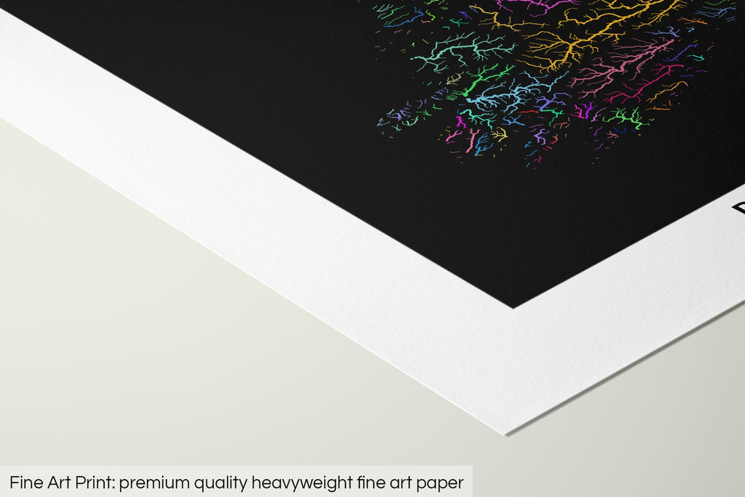 Closeup of a fine art print's corner lying on a flat surface, the details of a Grasshopper Geography map is visible. The text at the bottom reads: Fine art print - premium quality heavyweight fine art paper.