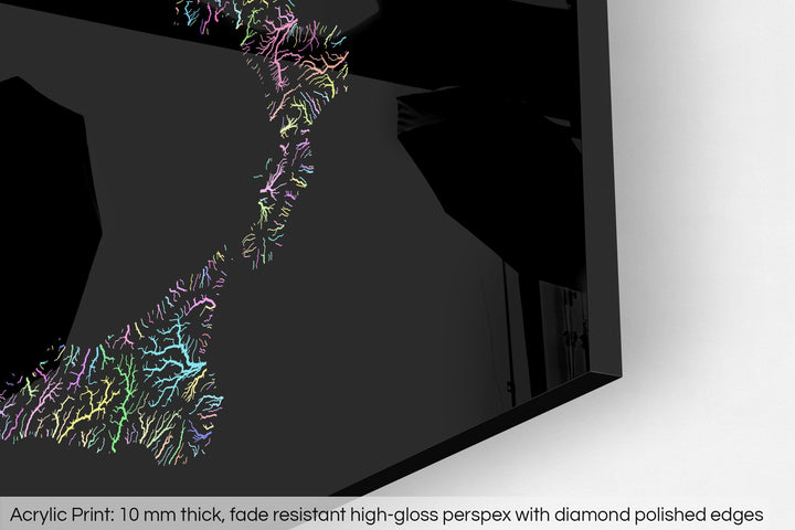 Closeup of an acrylic panel's corner, the details of a Grasshopper Geography map is visible. The text at the bottom reads: Acrylic print - 10 mm thick, fade reistant high-gloss perspex with diamond polished edges.