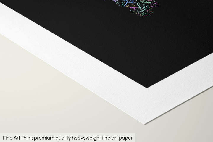 Closeup of a fine art print's corner lying on a flat surface, the details of a Grasshopper Geography map is visible. The text at the bottom reads: Fine art print - premium quality heavyweight fine art paper.