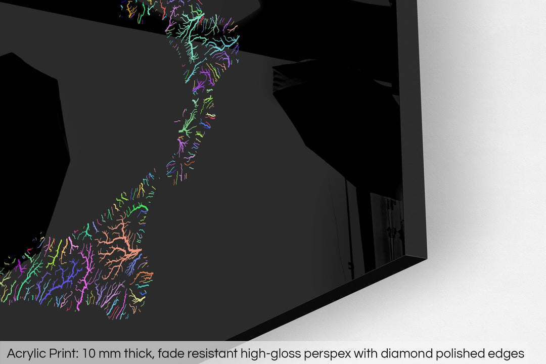 Closeup of an acrylic panel's corner, the details of a Grasshopper Geography map is visible. The text at the bottom reads: Acrylic print - 10 mm thick, fade reistant high-gloss perspex with diamond polished edges.