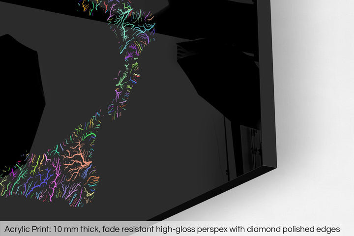 Closeup of an acrylic panel's corner, the details of a Grasshopper Geography map is visible. The text at the bottom reads: Acrylic print - 10 mm thick, fade reistant high-gloss perspex with diamond polished edges.