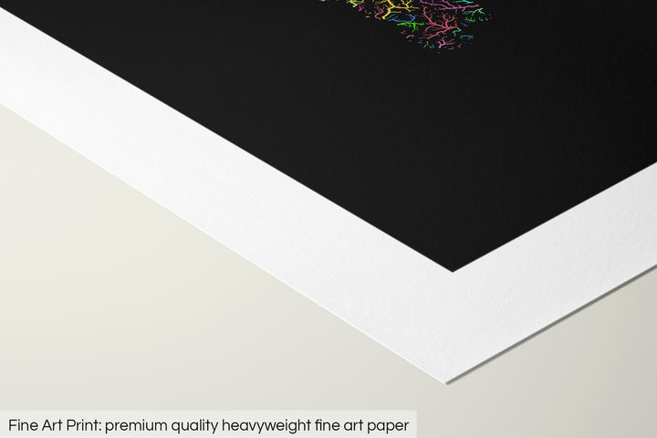 Closeup of a fine art print's corner lying on a flat surface, the details of a Grasshopper Geography map is visible. The text at the bottom reads: Fine art print - premium quality heavyweight fine art paper.