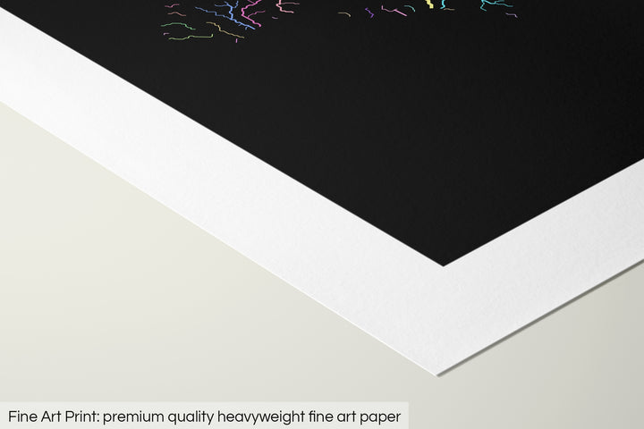Closeup of a fine art print's corner lying on a flat surface, the details of a Grasshopper Geography map is visible. The text at the bottom reads: Fine art print - premium quality heavyweight fine art paper.
