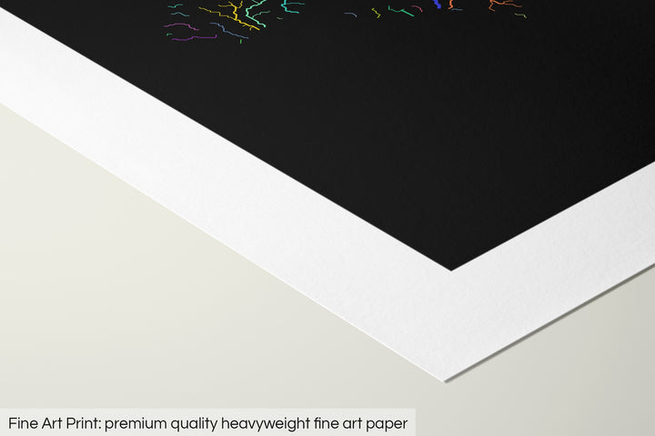 Closeup of a fine art print's corner lying on a flat surface, the details of a Grasshopper Geography map is visible. The text at the bottom reads: Fine art print - premium quality heavyweight fine art paper.