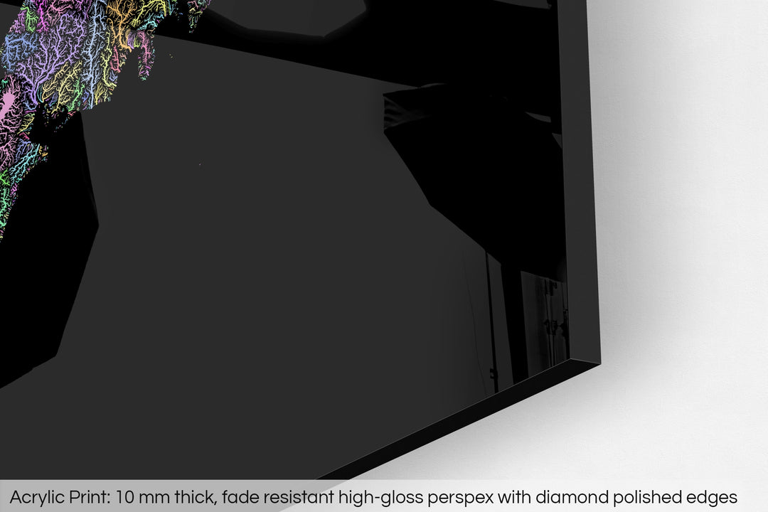 Closeup of an acrylic panel's corner, the details of a Grasshopper Geography map is visible. The text at the bottom reads: Acrylic print - 10 mm thick, fade reistant high-gloss perspex with diamond polished edges.