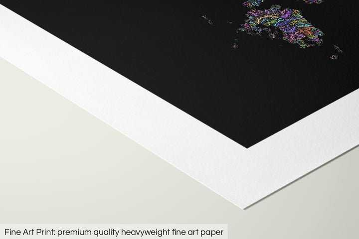 Closeup of a fine art print's corner lying on a flat surface, the details of a Grasshopper Geography map is visible. The text at the bottom reads: Fine art print - premium quality heavyweight fine art paper.
