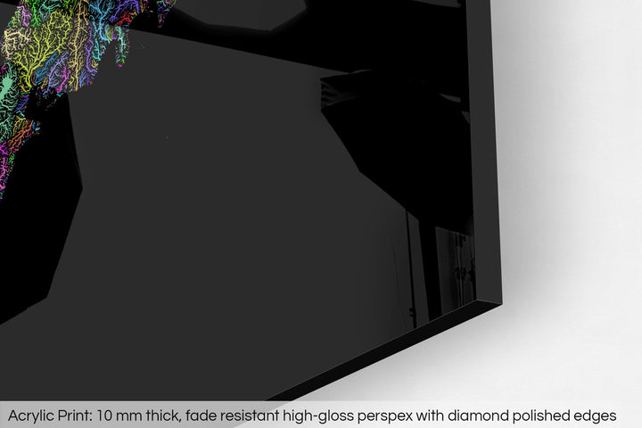 Closeup of an acrylic panel's corner, the details of a Grasshopper Geography map is visible. The text at the bottom reads: Acrylic print - 10 mm thick, fade reistant high-gloss perspex with diamond polished edges.